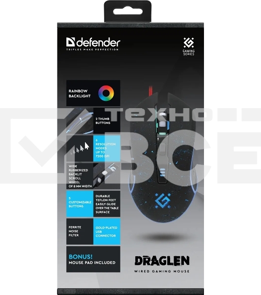 Мышь проводная Defender Draglen GM-907 черный, 7200 dpi, USB, кнопки - 6