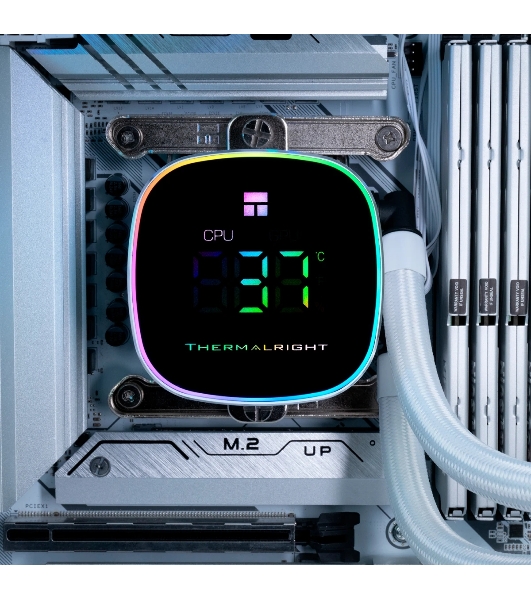 Система жидкостного охлаждения Thermalright Frozen Horizon 240 Digital (240мм, LED temp., White, ARGB/Fans: 2x120мм, 68.9CFM, 28.2dBA, 2000RPM/Pump height 53.2мм, Rad thickness 27мм/S: 1700, 1200, 1851, 115X, AM5, AM4)