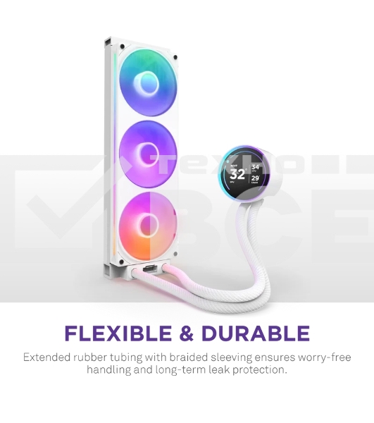 Система жидкостного охлаждения для ПК/Water Cooling System NZXT Kraken Elite 420 RGb (350W, 420мм, LED temp., белый/Fans: 3x140мм, 98.61CFM, 34.5dBA, 2000RPM/Pump height 65мм, 2800RPM, Rad thickness 27мм/S: 1851, 1700, 1200, 115X, AM5, AM4)