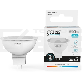 Лампа светодиодная Gauss Elementary 13521 11Вт цок.:GU5.3 софит 180B св.свеч.бел.нейт. MR16 (упак.:10шт)