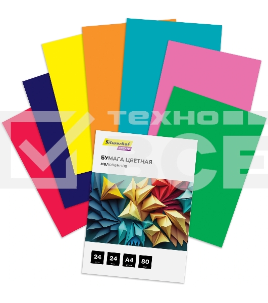 Бумага цветная Silwerhof мелованная 24л. 24цв. A4 Create 80г/м2 обл.мел.бумага ПЭТ на скобе