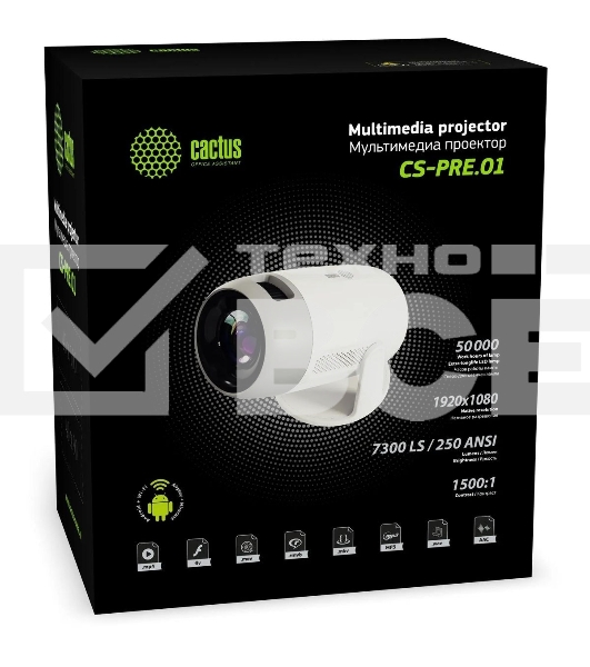 Проектор Cactus CS-PRE.01B.Full HD-A LCD 7300Lm LS 250Lm ANSI (1920x1080) 1500:1 ресурс лампы:50000часов 1xUSB typeA 1xHDMI 1кг
