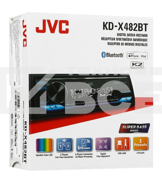 Автомагнитола JVC KD-X482BT, 1 DIN, Bluetooth, USB Type-A, AUX, съёмная панель