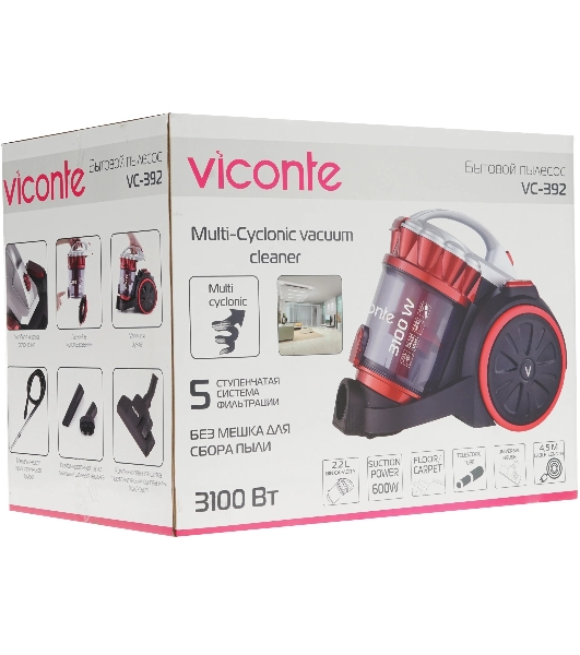 Пылесос Viconte VC-392 красный/черный, 600/3100 Вт, уборка сухая, пылесборник контейнер 2.2 л