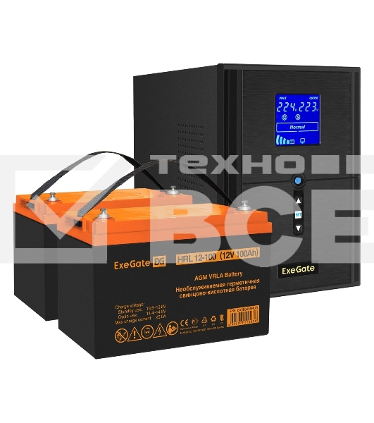 Комплект ИБП EX295989RUS + батарея 100Aч EX285656RUS 2шт (инвертор, синус, для котла) ExeGate SineTower SZ-2000.LCD.AVR.3SH.1C13.USB <2000VA/1600W, чистый синусоида, LCD дисплей, AVR, 3*Schuko+1*C13, USB, линейно-интерактивный, Black> + батарея ExeGate HR