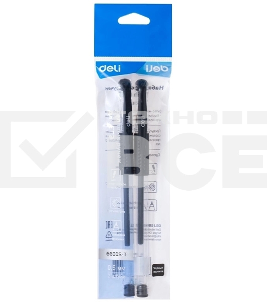 Набор ручек гелевых Deli C6600S-T прозрачный/черный, d=0.5мм, черные чернила, пакет (2шт) круглая, резиновая манжета черный