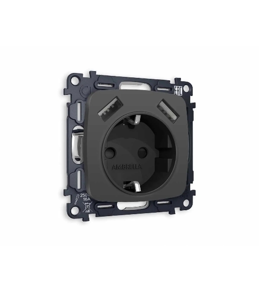 Комплект механизма электрической розетки OMEGA Графит мягкое касание 2USB A+A 18W (быстрая зарядка) с/з QUANT (OP9090, VM155) MO909010