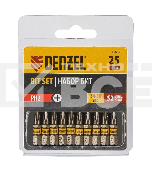 Набор бит Denzel PH2х25, сталь S2, шестигранный профиль, 10 шт.