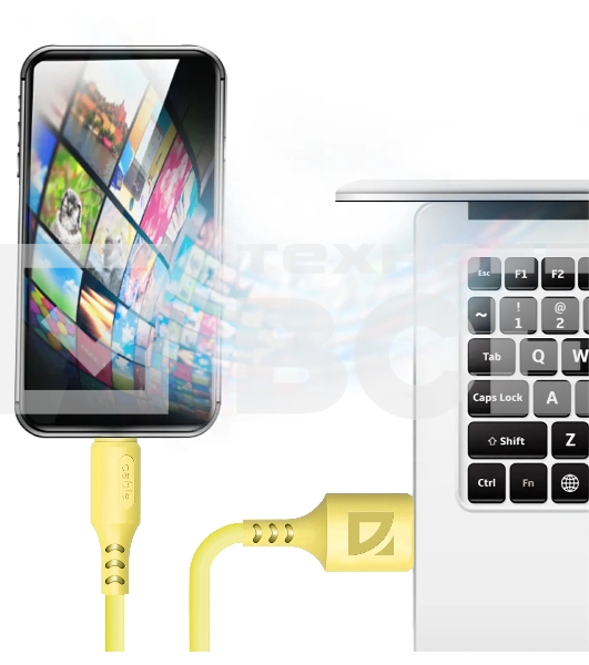 Кабель Defender  F207, USB 2.0 (AM) - Apple Lightning (M), 1метр, 2.4А, силиконовая оплетка, жёлтый.