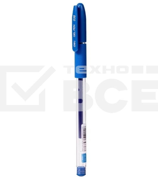 Ручка гелевая Deli EG150-BL прозрачный, d=0.38мм, синие чернила, игловидный пишущий наконечник, резиновая манжета