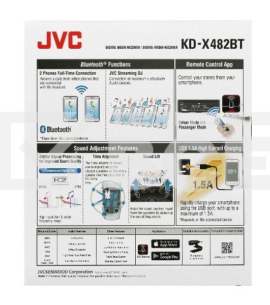 Автомагнитола JVC KD-X482BT, 1 DIN, Bluetooth, USB Type-A, AUX, съёмная панель