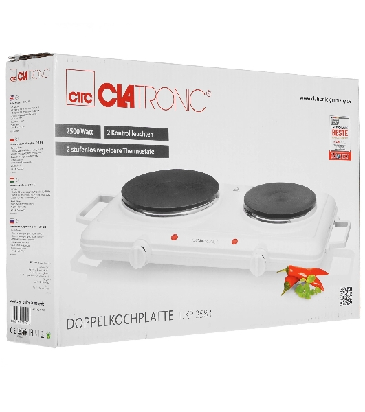 Плита настольная электрическая Clatronic DKP 3583 белый, 2.5 кВт, ТЭН, конфорки - 2, эмаль, поворотные переключатели
