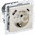 Розетка 1-местная IEK BRITE РЮш11-1-БрКр (BR-R14-16-U22-018-K10) с заземлением, с защитными шторками, 16А, с USB A+C 18 Вт, бежевый, фото 1