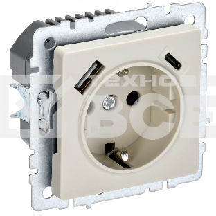 Розетка 1-местная IEK BRITE РЮш11-1-БрКр (BR-R14-16-U22-018-K10) с заземлением, с защитными шторками, 16А, с USB A+C 18 Вт, бежевый