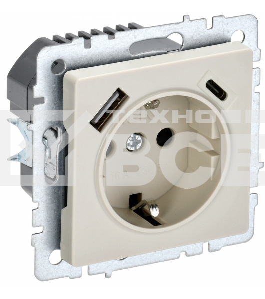 Розетка 1-местная IEK BRITE РЮш11-1-БрКр (BR-R14-16-U22-018-K10) с заземлением, с защитными шторками, 16А, с USB A+C 18 Вт, бежевый