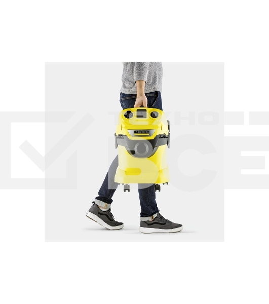 Строительный пылесос Karcher WD 4 P V-20/5/22 желтый, 1000 Вт, уборка сухая/сбор воды/выдув, пылесборник мешок/контейнер, 20 л