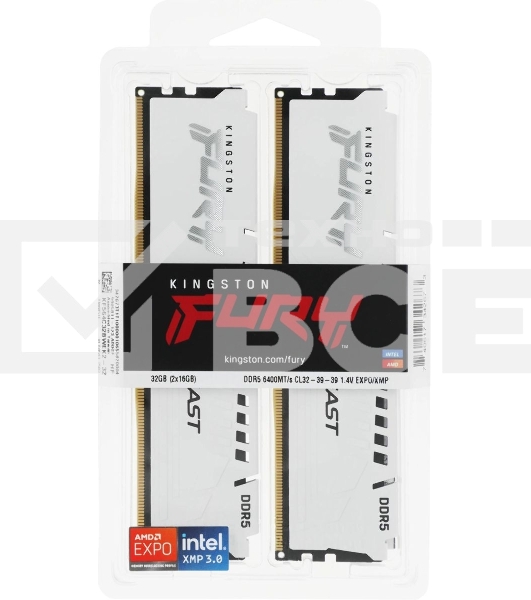 Оперативная память Kingston Fury Beast EXPO, DDR5, 32Gb (2x16 GB), 6400 MHz, CL32, радиатор, белый