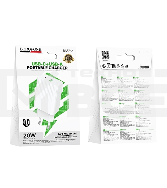 Сетевое зарядное устройство BOROFONE (6941991122767) BAS74A 1USB+1Type-C 3.0A QC3.0 PD 20W White