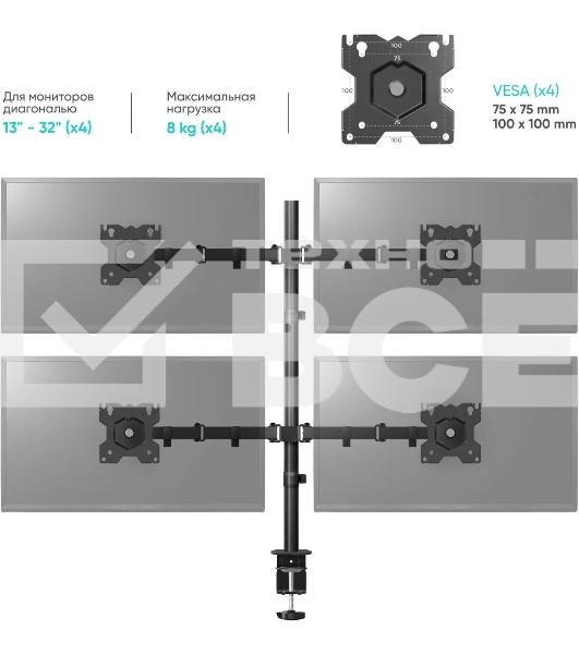 Кронштейн ONKRON D421E для четырех мониторов 13'-32' настольный, черный