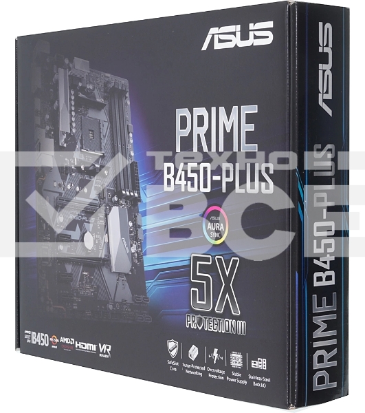 Материнская плата ASUS PRIME B450-PLUS, AM4, AMD B450, 4xDDR4, 6xSATA, 1xM.2, 1xPCIe 3.0 x16, 1xPCIe 2.0 x4, 3xPCIe x1, 1x 1Gb LAN, 2xUSB 3.2 Gen 1, 2xUSB 3.2 Gen 2, 1xUSB 2.0, 3x3.5 мм, 7.1, ATX