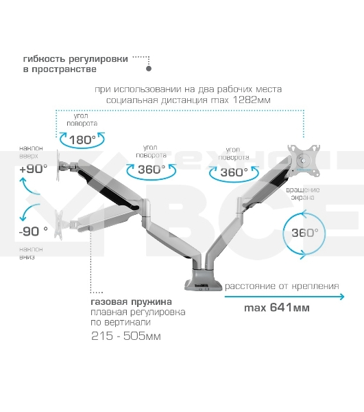 Кронштейн Kromax OFFICE-22 серебристый, 4 шт/уп. Кр. алюм. настол. для мон. 17'-35', max 2x15 кг, 6 ст св., нак. ±90°, пов. 360°, max VESA 100x100 мм.