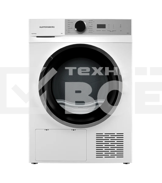 Сушильная машина Kuppersberg DM 611 W, отдельностоящая, тепловой насос, 8 кг, 15 программ, отсрочка старта, защита от сминания, ультрафиолет, электронное управление, белый