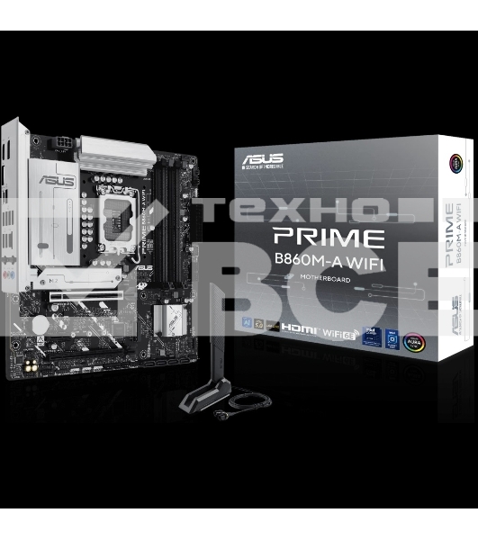 Материнская плата ASUS PRIME B860M-A WIFI, LGA 1851, Intel B860, 4xDDR5, 4xSATA, 2xM.2, 1xPCIe 5.0 x16, 1xPCIe 4.0 x16, 1xPCIe 4.0 x1, 2xDP, 1xHDMI, 1x 2.5Gb LAN, 1xUSB-C 20Gbps, 1xUSB-A 10Gbps, 2xUSB-A 5Gbps, 4xUSB-A 2.0, 3x3.5 мм, 7.1, micro-ATX.