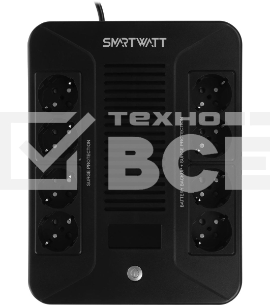 Источник бесперебойного питания SMARTWATT UPS SAFE PRO LCD 1000 черный 1000/600 ВА/Вт, напольный/настенный, линейно-интерактивный, LCD дисплей, Shuko CEE7/4 - 8 шт. (4 шт. с резервным питанием, 4 шт. - сетевой фильтр)