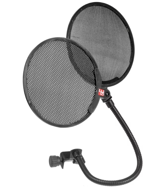 Поп фильтр sE Electronics Dual Pop Filter состоит из двух частей, первая часть изготовлена из прочной глянцевой ткани со стандартной тканевой мембраной и вторая металлическая на шарнирном механизме