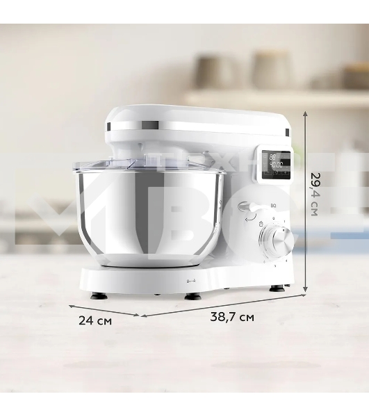 Планетарный миксер BQ MX640 White. Максимальная мощность 1600 Вт / Чаша из нержавеющей стали 6 л / Функция ферментации/ Подогрев чаши до 40'C / Электронное управление / Металлические насадки в комплекте / Металлические шестерни / Двойная защита: от перегр