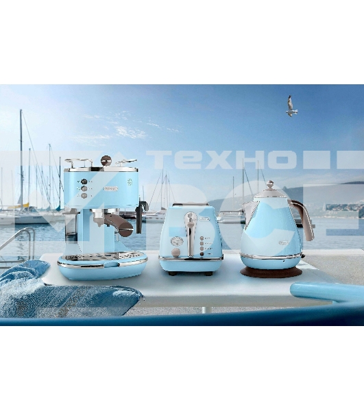 Тостер DeLonghi CTOV 2103.AZ, 900 Вт, на 2 тоста, разморозка, обжаривание, решетка для подогрева, поддон, голубой