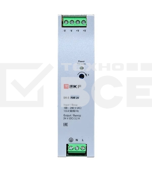 Блок питания на дин рейку EKF DR-E-75W-24 75Вт Uвх 220В AC Uвых 24В DC постоянного тока