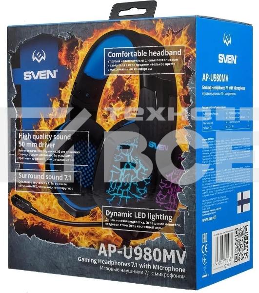 Гарнитура проводная SVEN AP-U980MV, черный-синий (USB, LED, 7.1, 2.2m)