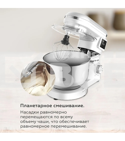 Планетарный миксер BQ MX640 White. Максимальная мощность 1600 Вт / Чаша из нержавеющей стали 6 л / Функция ферментации/ Подогрев чаши до 40'C / Электронное управление / Металлические насадки в комплекте / Металлические шестерни / Двойная защита: от перегр