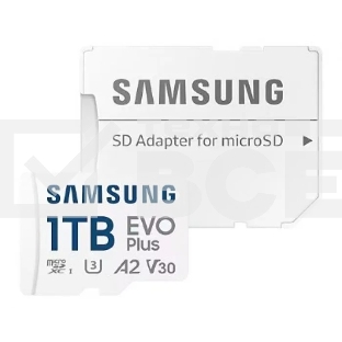 Карта памяти Samsung EVO Plus, microSDXC 1TB, Class 10, A2, V30, UHS-I (U3), W 90 МБ/с, R 160 МБ/с, адаптер на SD