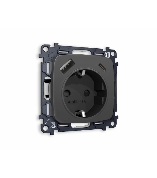 Комплект механизма электрической розетки OMEGA Графит мягкое касание 2USB A+C 20W (быстрая зарядка) с/з QUANT (OP9100, VM160) MO910010