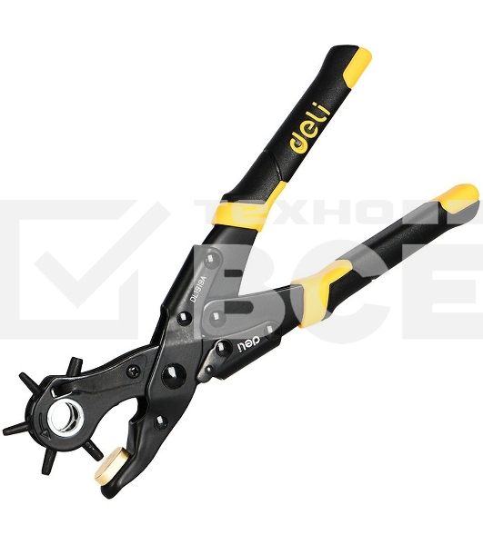 Револьверный дырокол для кожи 6-в-1 двухрычажный Deli DL1919A 225мм, диаметр пуансона: 2, 2,5, 3, 3,5, 4, 4,5мм, сталь Cr-V