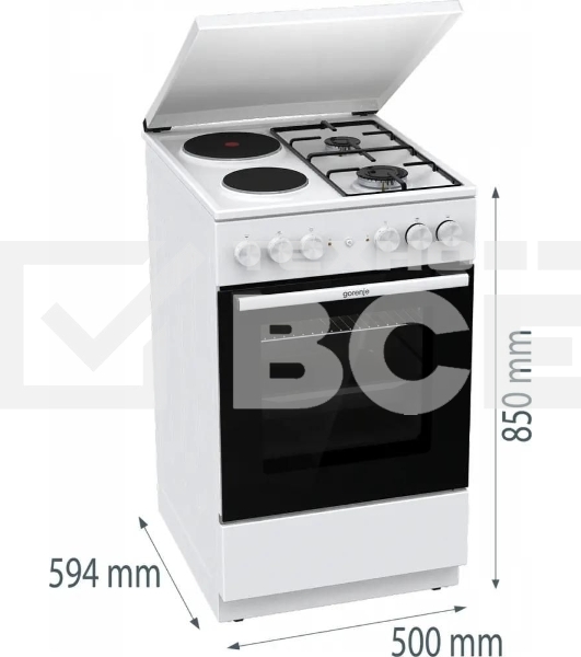 Плита комбинированная Gorenje GK5A12WG белый, конфорок 2 газовых и 2 электрических, духовка 68 л, 50 см x 85 см x 59.4 см