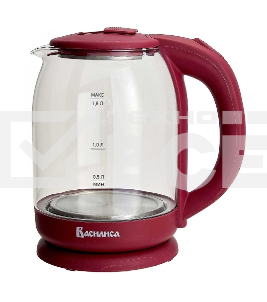 Чайник электрический ВАСИЛИСА ВА-1035 1,8л, стекло, бордовый, 1500 Вт(12)