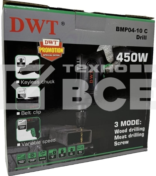 Дрель сетевая безударная DWT BMP04-10 C/450 Вт/до 3300 об.в мин/1.0-10 мм/реверс/кабель 2 м/черный (BMP04-10 C)