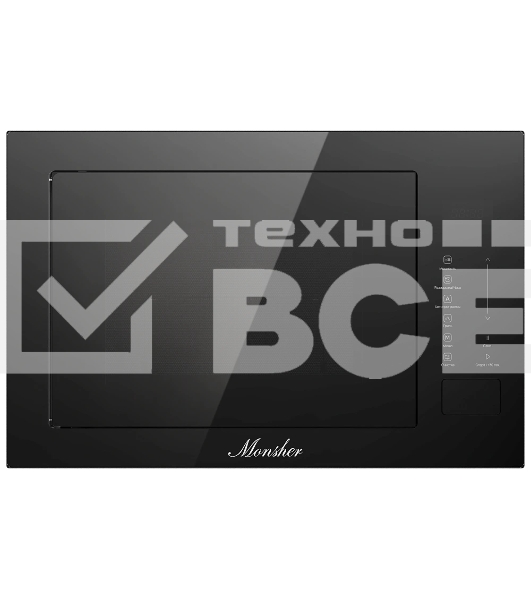 Встраиваемая микроволновая печь MONSHER, ВхШхГ 385х595х367, объем 25 л, мощность 850 Вт, 5 уровней мощности, гриль, 8 автоматических программ, размораживание, сенсорное управление, цвет черный