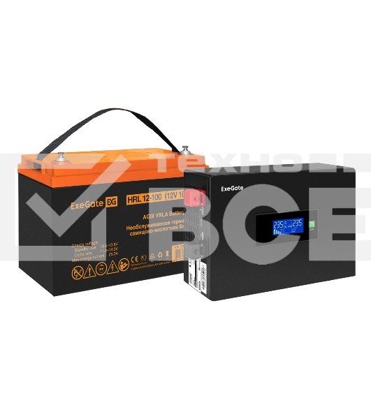 Комплект Источник бесперебойного питания EX295992RUS + батарея 100Aч EX285656RUS 1шт (инвертор, синус, для котла, PF=1, настенный) ExeGate IdealSine SR-600.LCD.2SH <600VA/600W, чистая синусоида, цветной LCD-дисплей, 2*Schuko, крепление настенное, Black> +