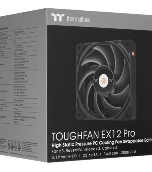 Комплект вентиляторов для корпуса Thermaltake TOUGHFAN EX12 Pro (3 шт.) черный, 120 мм, 2000 об/мин, 29.8 дБ, 4 pin