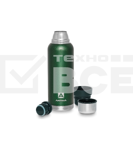 Термос Арктика 106-1200 зеленый, узкое горло 1,2 л, американский дизайн, антивандальное покрытие, две чашки, холод/тепло 32 ч