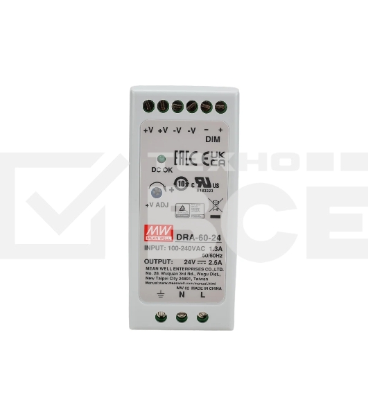 Блок питания AC-DC, 60Вт, на DIN рейку, вход 90-264В AC, 47-63Гц, 127-370В DC, выход 24В,2.5А, регулировка 24-30В, димминг 3 в 1, в кожухе