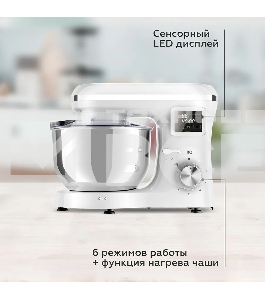 Планетарный миксер BQ MX640 White. Максимальная мощность 1600 Вт / Чаша из нержавеющей стали 6 л / Функция ферментации/ Подогрев чаши до 40'C / Электронное управление / Металлические насадки в комплекте / Металлические шестерни / Двойная защита: от перегр
