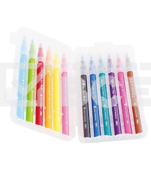 Фломастеры Deli EC10304 Color Emotion кисть смываемые 12цв. пластиковый пенал (12шт.)