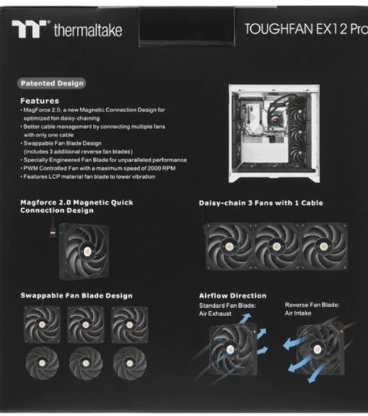 Комплект вентиляторов для корпуса Thermaltake TOUGHFAN EX12 Pro (3 шт.) черный, 120 мм, 2000 об/мин, 29.8 дБ, 4 pin