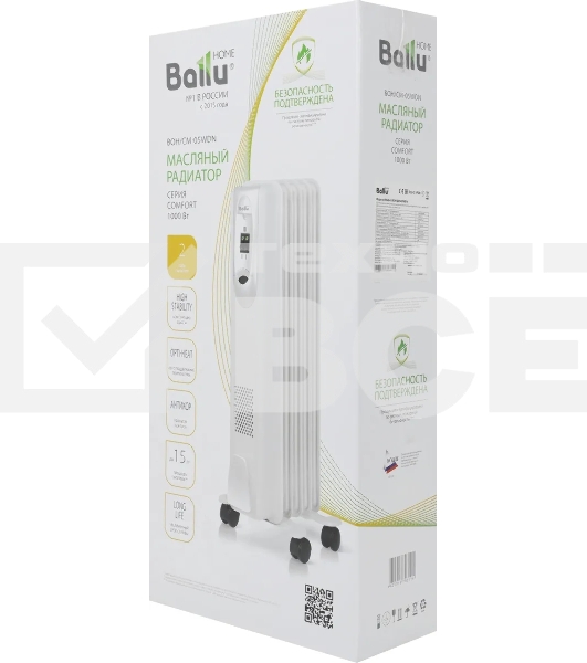 Обогреватель масляный Ballu Comfort BOH/CM-05WDN 1000 (5 секций) белый, 1000 Вт, 15 м2, термостат