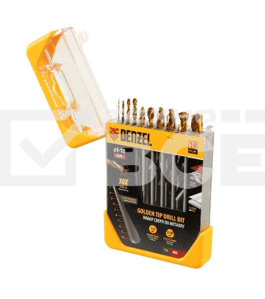 Набор сверл по металлу Denzel 1-10 мм, HSS-Tin, Golden Tip, 10 шт